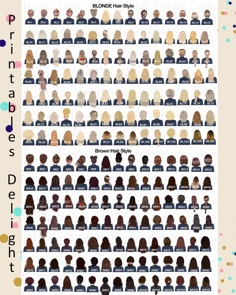 May include: A chart of 105 different hairstyles for women. The hairstyles are divided into two categories: blonde and brown. Each hairstyle is illustrated with a woman's head and shoulders, facing away from the viewer. The hairstyles are numbered and labeled with the letters BL for blonde and BR for brown.