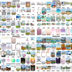 May include: A chart of over 100 different background options for digital design. The backgrounds include various themes such as cities, landscapes, nature, and abstract designs.