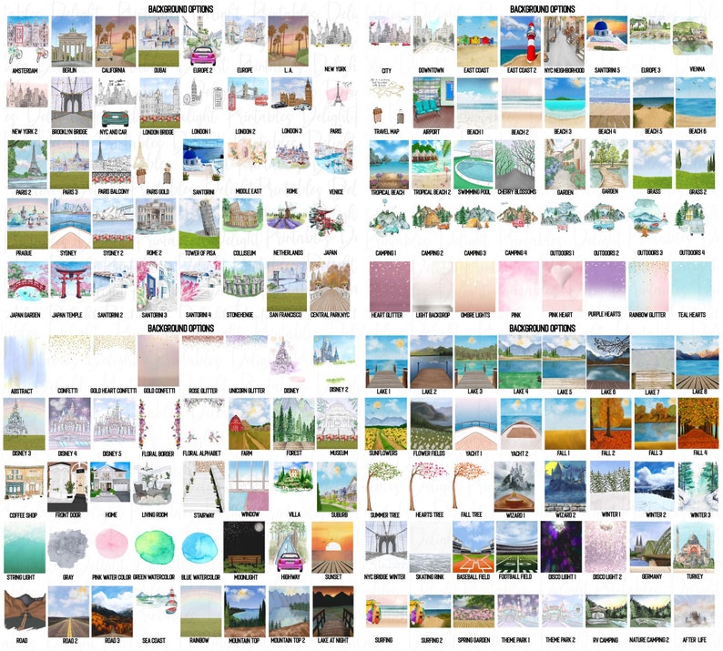 May include: A chart of over 100 different background options for digital design. The backgrounds include various themes such as cities, landscapes, nature, and abstract designs.