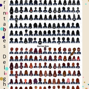 May include: A printable sheet with 105 different back views of women's hairstyles. The hairstyles are divided into two categories: Black Hair Style and Red Hair Style. Each hairstyle is labeled with a number.