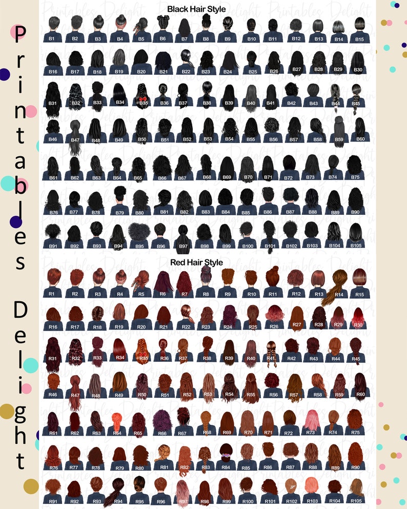 May include: A printable sheet with 105 different back views of women's hairstyles. The hairstyles are divided into two categories: Black Hair Style and Red Hair Style. Each hairstyle is labeled with a number.