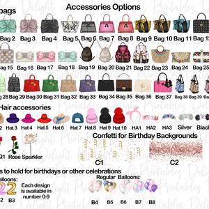 May include: A digital clipart set featuring various handbag, hat, and hair accessory designs. The set includes 41 different handbag designs, 10 hat designs, 3 hair accessory designs, and 2 confetti backgrounds. The text "Hand bags", "Accessories Options", "Hats & Hair accessories", "Confetti for Birthday Backgrounds", "Balloons to hold for birthdays or other celebrations", "Foil Balloons", "Regular Balloons", and "Each design is available in number 0-9" is included in the image.