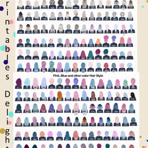 May include: A digital illustration of 105 different hairstyles for women. The hairstyles are in various colors, including grey, pink, blue, and other colors. The hairstyles are arranged in two rows, with the top row labeled "Grey, Pink, Blue and other color Hair Style" and the bottom row labeled "Pink, Blue and other color Hair Style".