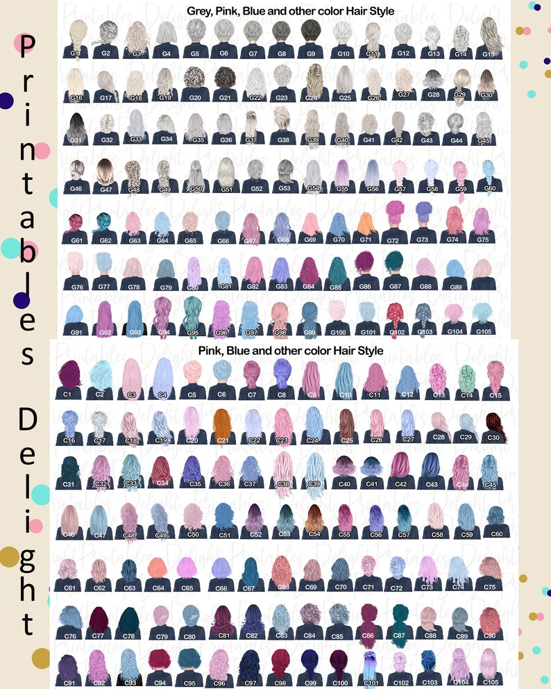 May include: A digital illustration of 105 different hairstyles for women. The hairstyles are in various colors, including grey, pink, blue, and other colors. The hairstyles are arranged in two rows, with the top row labeled "Grey, Pink, Blue and other color Hair Style" and the bottom row labeled "Pink, Blue and other color Hair Style".