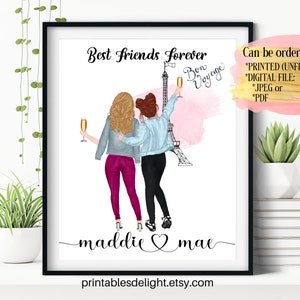 Best Friends in Paris, Custom Besties Printable Wall Art, Sister's Gift, Friendship Print, Travel Present for BFF, Sorority Sister's Poster