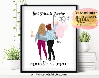 Best Friends in Paris, Custom Besties Printable Wall Art, Sister's Gift, Friendship Print, Travel Present for BFF, Sorority Sister's Poster