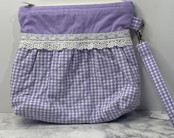 Shabby Chic Lilac Clutch Purse Quilted Wristlet Make Up Bag