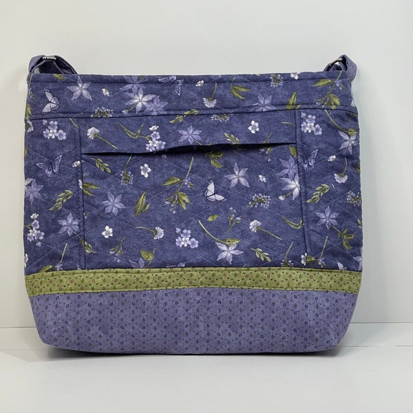 Periwinkle Floral Crossbody Bag, Adjustable Shoulder Straps  Purse, Top Recessed Zipper Bag, Front & Inside Pockets Purse, Quilted Bag