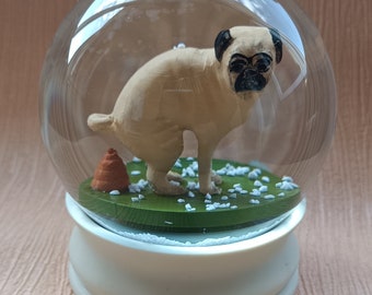 Funny Snow Globe Pug pooing. Glass globe. from Ukraine.