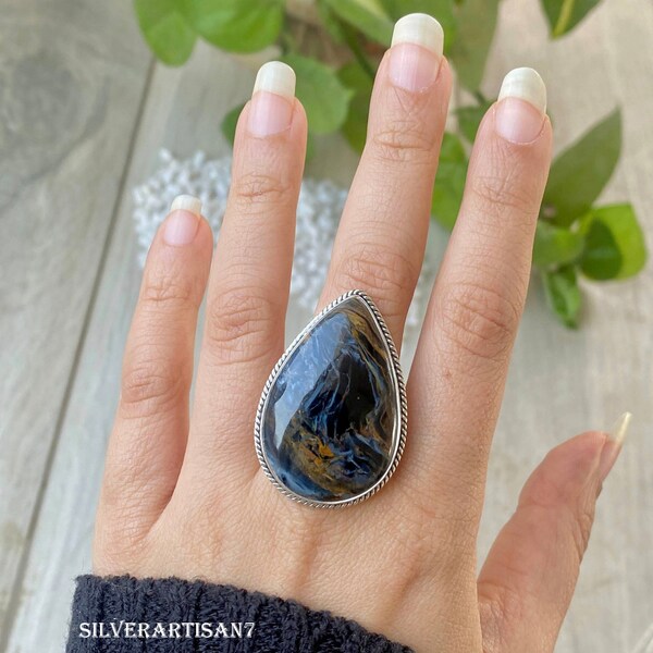 Jewels House Pietersite Gemstone Statement Ring – Silver Plated Handmade Bezel Set Ring, Size US-8