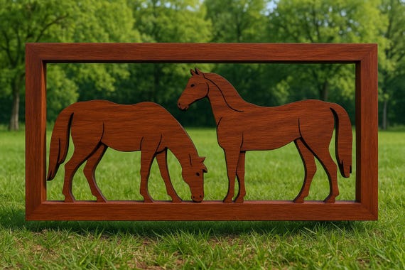 Handmade Wooden Horse Silhouette | Rustic Scroll Saw Art of Two Horses | Equestrian Home Décor Gift