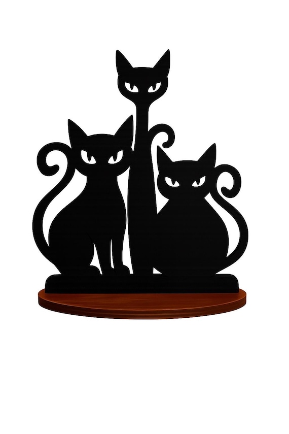 Handmade Scroll Saw Cat Silhouette | Black Acrylic Painted Wood Ornament on Mahogany Base | Cat Lover Gift | Shelf & Mantle Home Décor