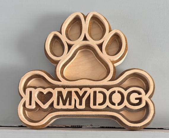 Handmade Scroll Saw Wooden “I love My Dog” Sign – 3-Layer Paw Print & Bone Design