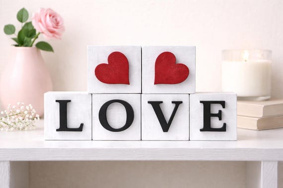 Handmade Wooden LOVE Blocks – Freestanding Rustic Shelf Decor – Valentine, Anniversary or Wedding Gift