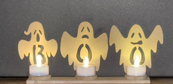 BOO Ghost Tea Light Candle Holder – Halloween Wooden Decor, Spooky Shelf Sitter, Light-Up Ghost Trio Decoration