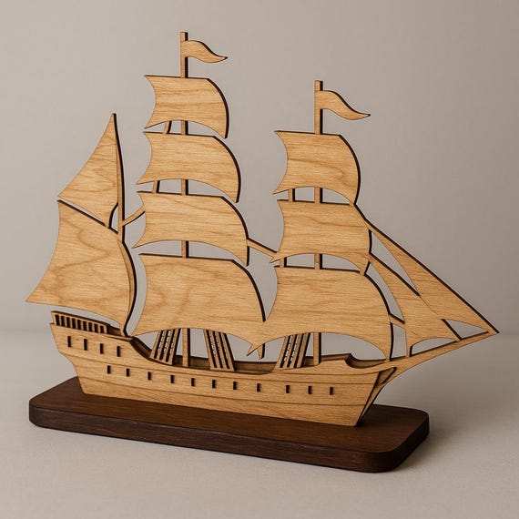 Handcrafted Wooden Sailing Ship Model – Nautical Decor, Sea themed Scroll Saw Art