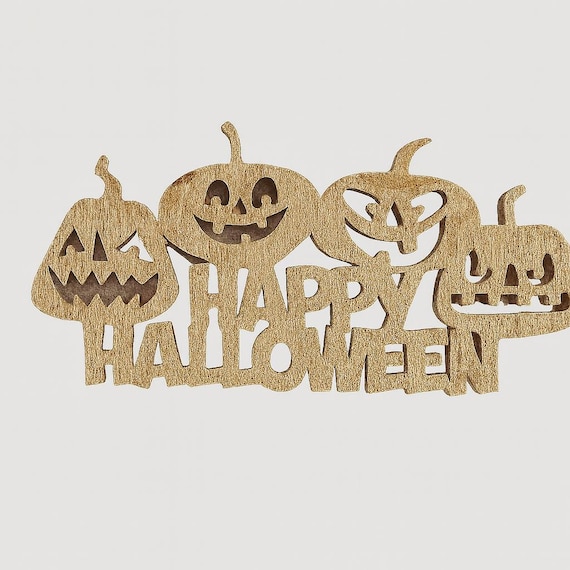 Spooky Halloween Scroll Saw Sign – Hand-Cut Wooden Jack-o'-Lantern Decor – Haunted Pumpkin Wall Art – 'Happy Halloween' Wood Cutout