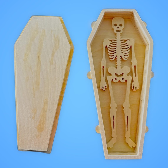 Wooden Coffin Box with Skeleton – Unfinished DIY Craft Kit | Halloween Decor, Gothic Gift Box, Spooky Paint Project