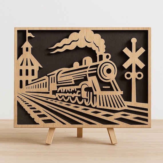 Wooden Steam Train Wall Art – Scroll saw Cut Rustic Train Decor – Handmade Railroad Gift for Train Lovers – Locomotive Wall Hanging