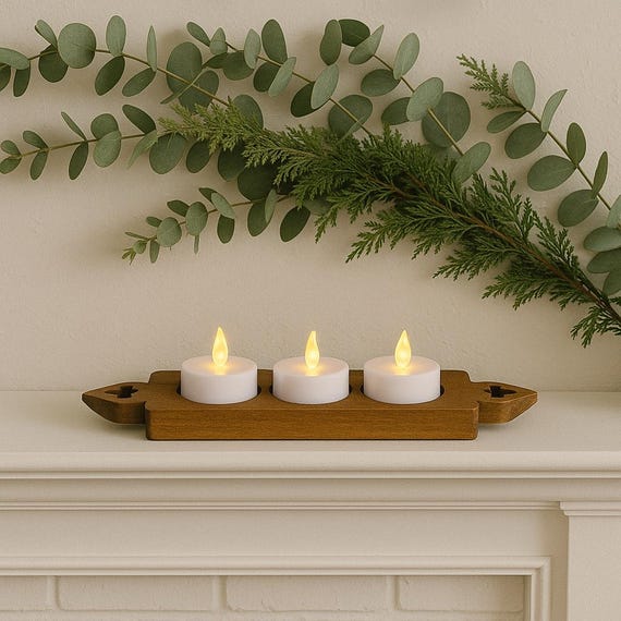 Rustic Wooden Tea Light Candle Holder – 3 Slot Handmade Carved Wood Centrepiece – Available in Natural, Oak, Teak, Mahogany, Walnut Finishes