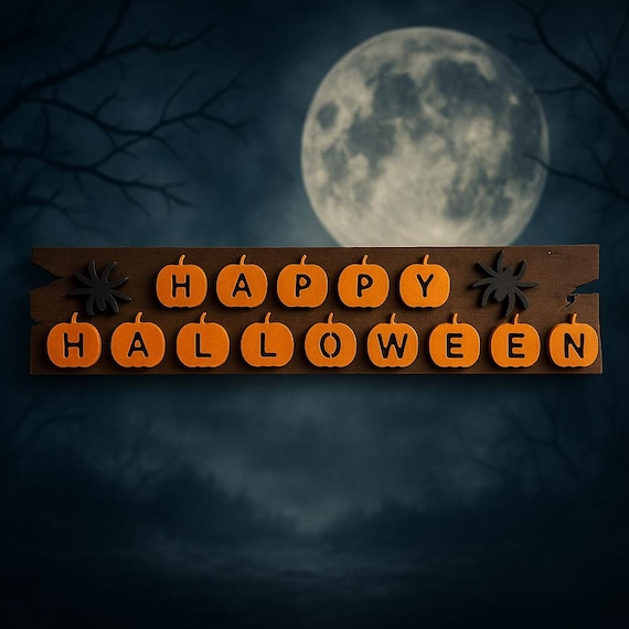 Handmade Wooden Halloween Sign – Scroll Saw Pumpkin Letters & Spider Accents – Rustic Farmhouse “Happy Halloween” Wall Décor