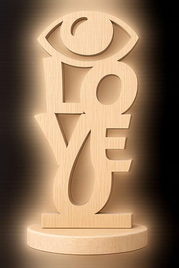Eye Love You Wooden Ornament – Handmade Novelty Love Sculpture with Solid Base