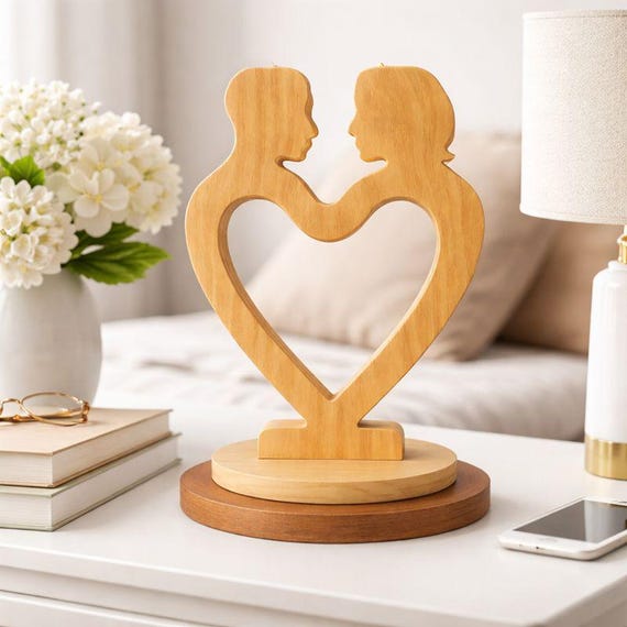 Handmade Wooden Couple Sculpture | Heart Anniversary Gift
