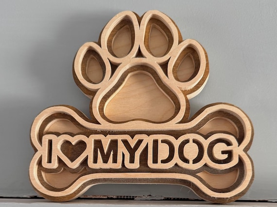 Handmade Scroll Saw Wooden “I love My Dog” Sign – 3-Layer Paw Print & Bone Design