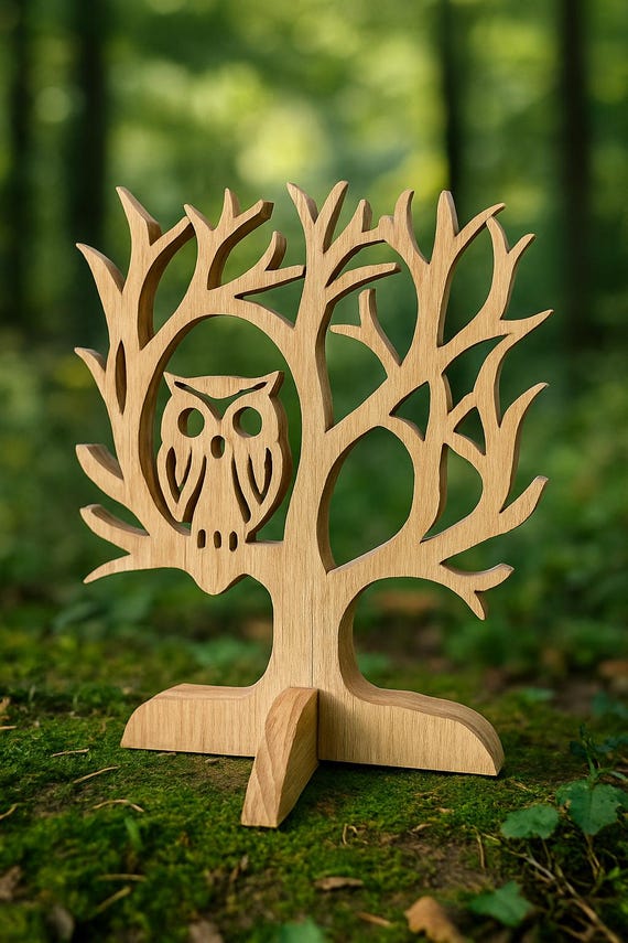 Handmade Wooden Tree Ornament with Owl Cutout – Rustic Forest Decor, Scroll Saw Art, Nature-Inspired Gift, Freestanding Wood Sculpture
