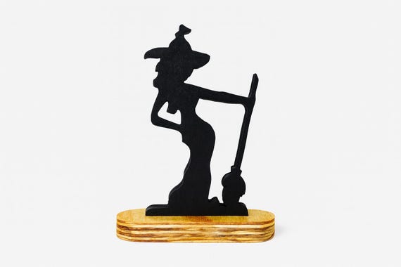 Posing Witch Silhouette Wood Cutout | Handmade Halloween Witch Decor | Spooky Standing Witch on Wooden Base | Shelf Sitter Figurine