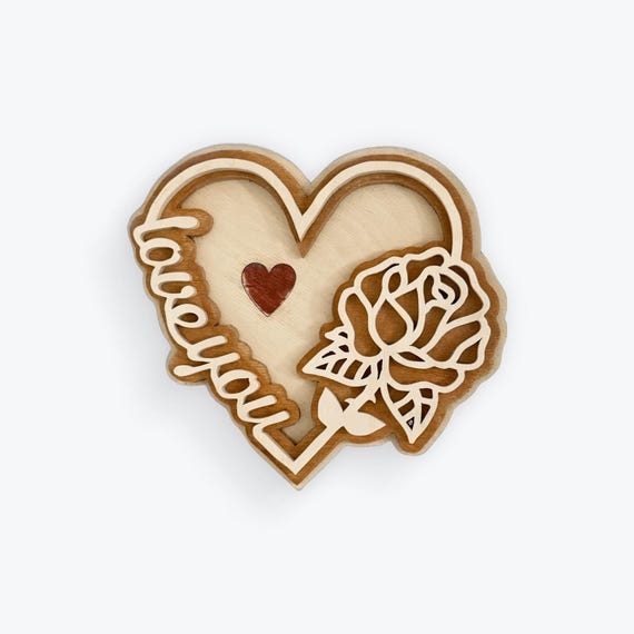 Handmade Wooden “Love You” Heart Plaque – Scroll Saw Rose Wall Art Gift