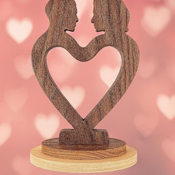 Handmade Wooden Couple Sculpture | Heart-Shaped Love Figurine | Rustic Romantic Gift for Anniversary or Wedding Decor