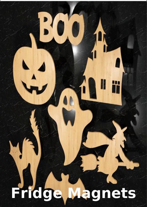 Halloween Wooden Fridge Magnet Set – Unfinished Craft Blanks – Pumpkin, Ghost, Witch, Cat – Kids Activity or Rustic Décor