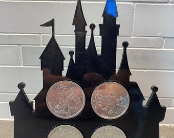 Disney 100 year Anniversary Medallion coins with castle style display stand holder - 3D printed