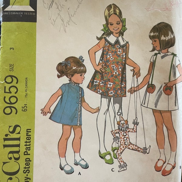 Vintage 60’s sewing pattern/McCall’s 9659/Child’s dress in three versions/size 3/complete with 9 pieces