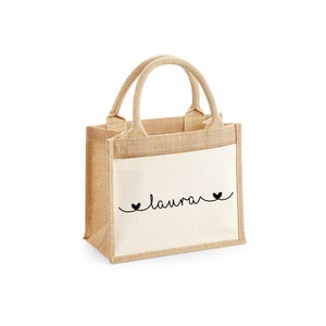 Personalised Name Jute Bag Small with Pocket | Dinner Bag Work Bag Office Lunch Bag Gift Bag Bridesmaid Font Modern Teacher Nursery Name