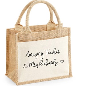 Personalised Name Jute Bag Small with Pocket |  Lunch Bag Gift Bag Bridesmaid Love heart font at the end of text Teacher Nursery Name