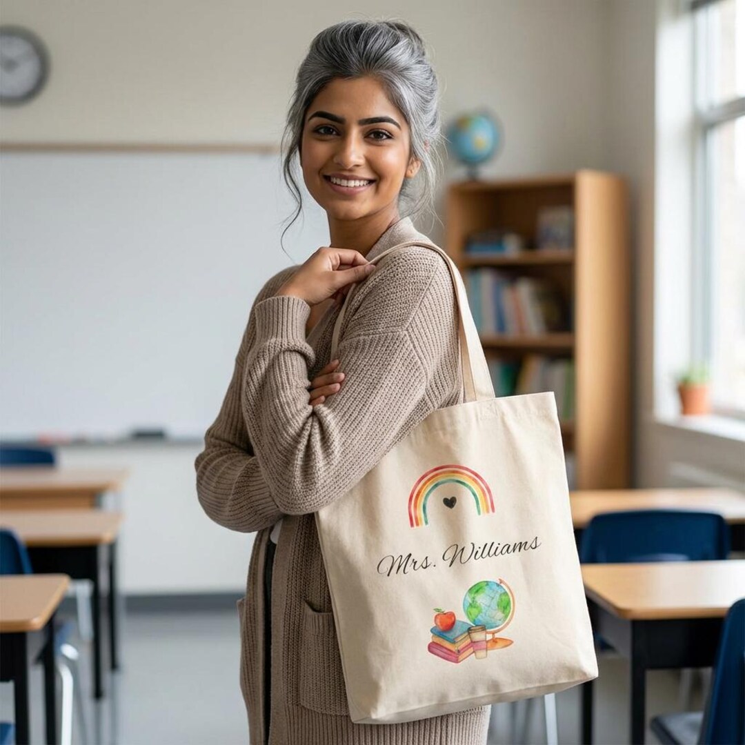 Personalized Teacher Tote Bag | Rainbow, Globe, Books, Apple Design - Etsy
