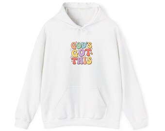 Sudadera con capucha "Dios tiene el control" / Tipografía retro de fe con arcoíris