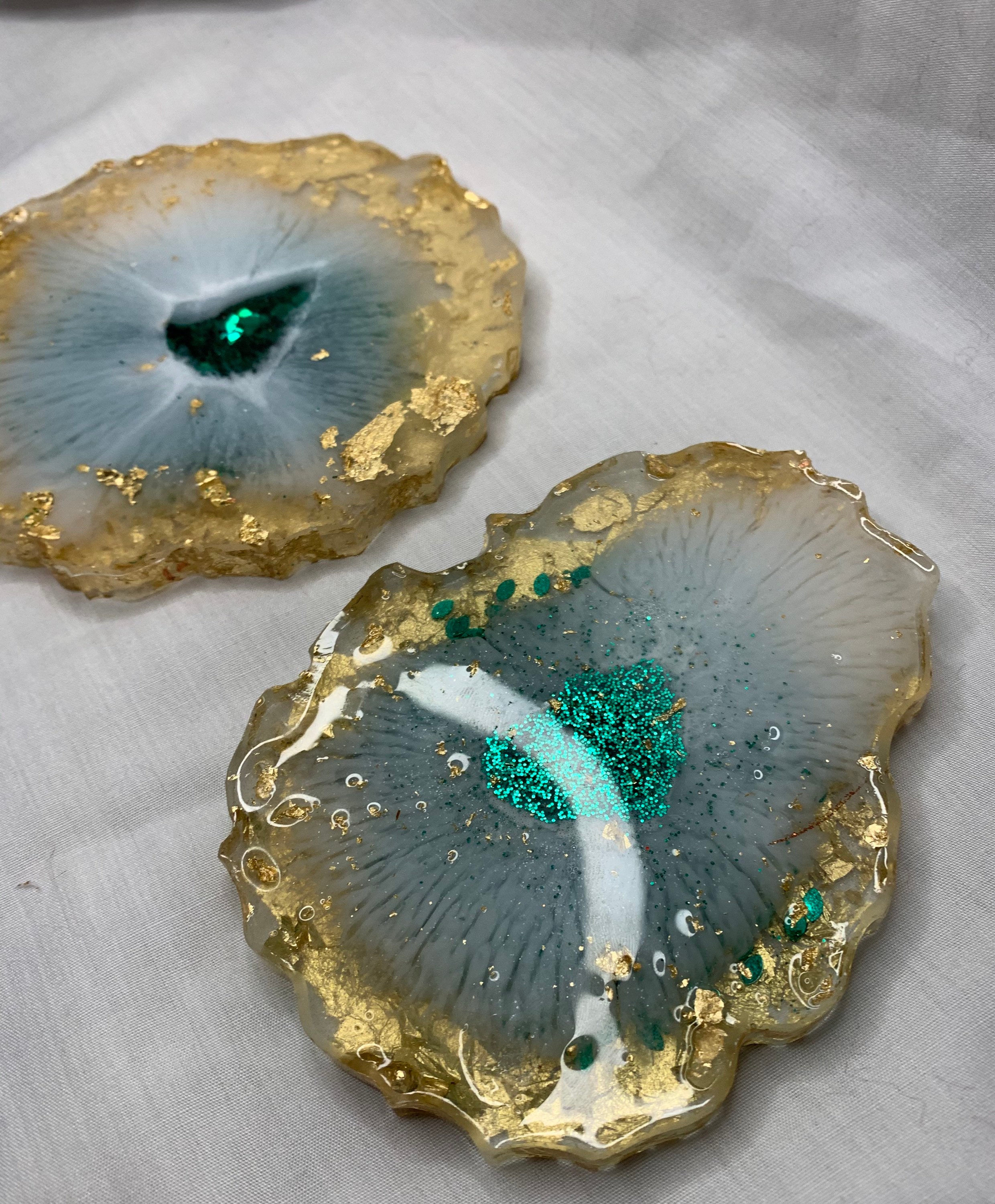 Two Emerald and Gold Geode Resin Coasters Etsy