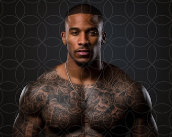 Muskulöser Body-Generator-Afroamerikanerschwarzer Mann mit Tatos Stock-Foto