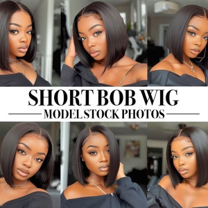 May include: Six photos of a woman wearing a short black bob wig. The photos show the wig from different angles. The text "SHORT BOB WIG - MODEL STOCK PHOTOS" is displayed in the center of the image.