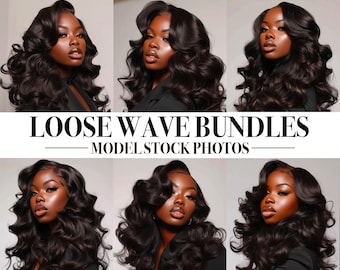 May include: Six photos of a person with long, dark, loose wave hair extensions. The photos show the hair from different angles. The text "LOOSE WAVE BUNDLES - MODEL STOCK PHOTOS" is at the bottom of the image.