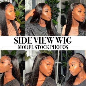 May include: Side view of a black human hair wig with a lace front. The wig is styled straight and falls to the shoulders. The model is wearing the wig and has a natural makeup look.