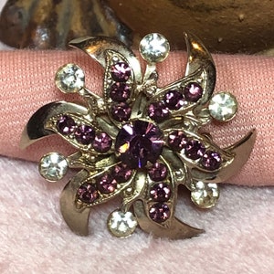 Vintage 1980s Purple and Clear Rhinestone Flower Brooch