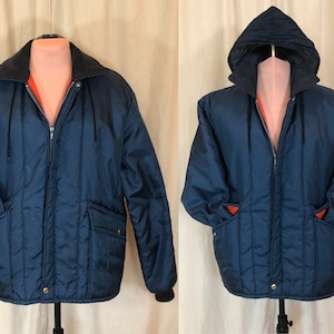 Vintage 1970s Sears Brand Puffer Jacket in Navy with Orange Lining