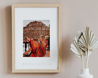 Girl having a light hearted moment in front of the majestic Hawa Mahal, Digital print from original artwork, Art Prints, Wall decor