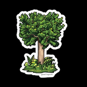 May include: A cartoon illustration of a green tree with a brown trunk and green foliage. The tree is surrounded by green grass and small green plants.