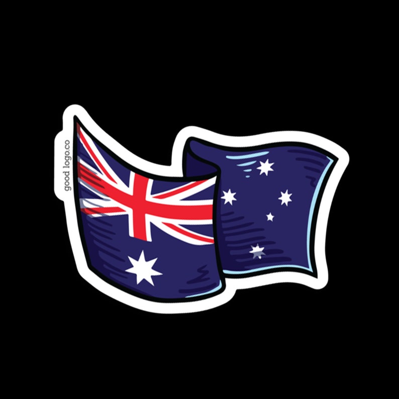 May include: A cartoon illustration of the Australian flag waving in the wind. The flag is blue with a white star in the lower left corner and a red Union Jack in the upper left corner. The flag is surrounded by a white border.
