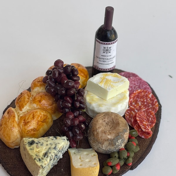 1/12TH SCALE Dolls House Food - cheese presentation board with wine, bread, grapes, olives and salami